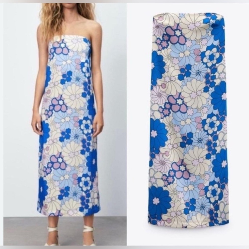 Zara Blue Floral Strapless Midi Dress, Size M